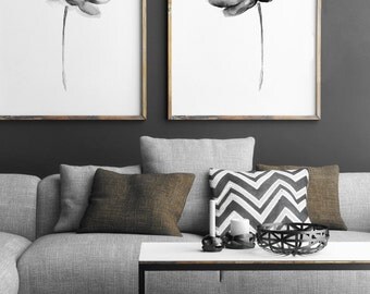 Lotus Set 2 Print, Asian Flowers Abstract Painting, Black and White Watercolor Living Room Decor, Water Flower Poster, Lotus Grey Drawing
