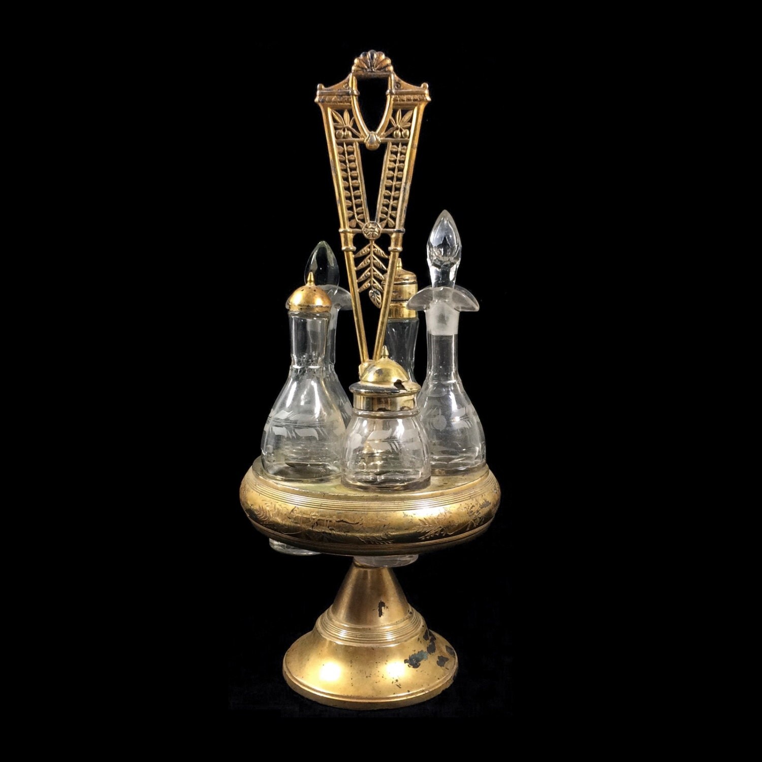 Antique Cruet Set with Quadruple Silver Plated Holder and 5