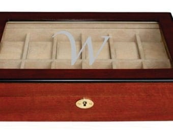 Engraved Cherry Wood Watch Box - Holds 12 Watches - Watch Box With Glass Lid - Jewelry Case Organizer - Perfect Gift