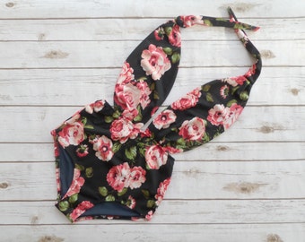 Swimsuit High Waisted Vintage Style One Piece - Retro Pin-up Maillot - Black Pink Rose Floral Print Design Plunge Neck Bathing Suit Swimwear