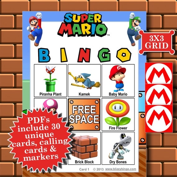 Super Mario 3x3 Bingo printable PDFs contain everything you