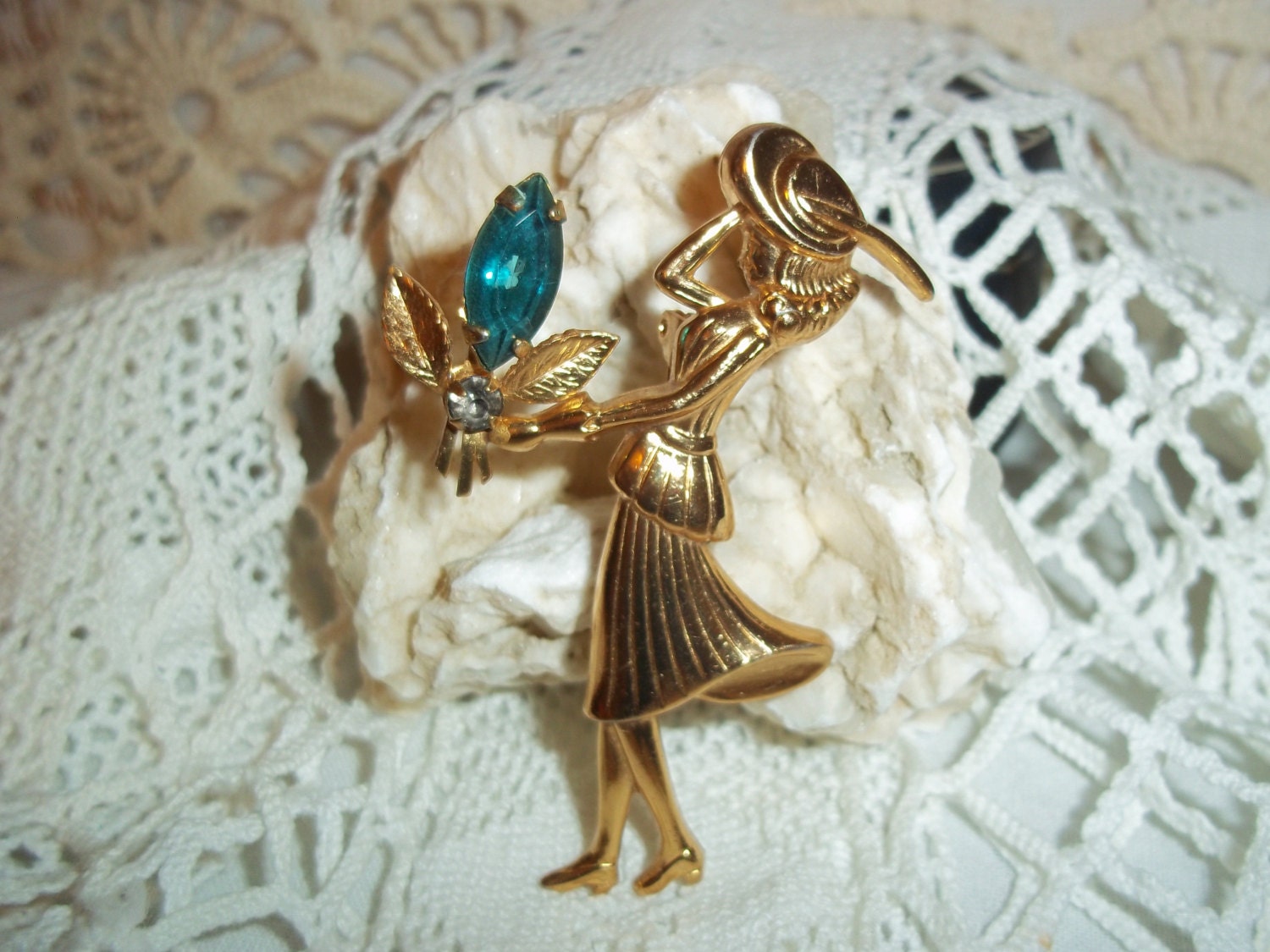 Vintage Coro Jewelry Brooch Girl Holding Flower Turquoise