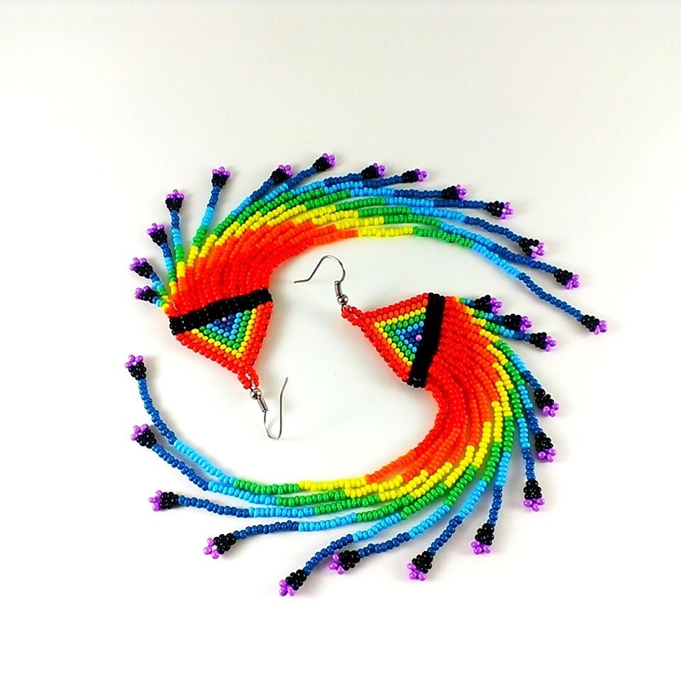 Extra Long Rainbow Beaded Earrings Dangle Long Rainbow Seed