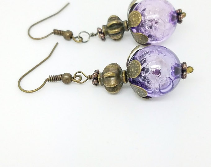 Brass purple dangle, boho purple earrings, lilac earrings, dangle purple, purple dangles, light purple earrings, lavender earrings