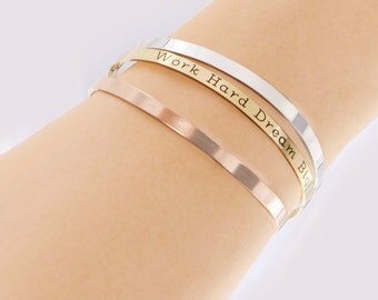 Bracelet Cuff, Engraved Cuff Bracelet, Thin, Mantra Band, Sterling Silver, Gold, Rose Gold Filled