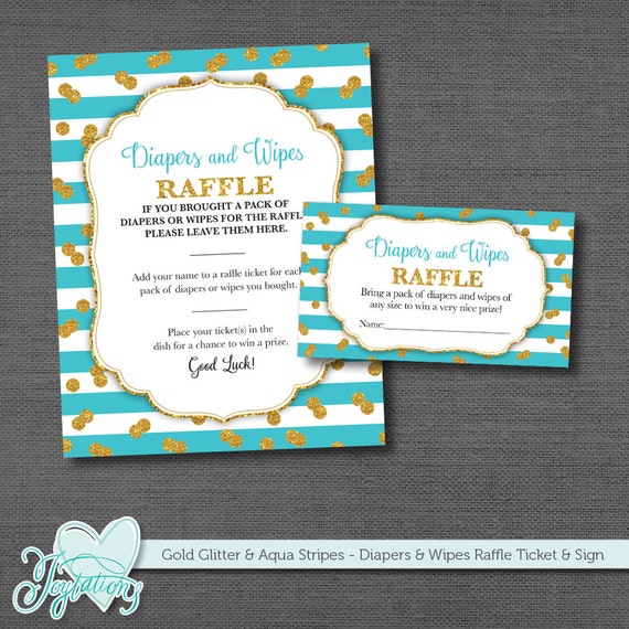 gold glitter and aqua diapers and wipes raffle ticket insert card and