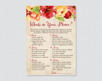 Fall Flower Baby Shower What's in Your Phone Game - Printable Phone Raid Game - Rustic Autumn Floral What's in Your Phone Game - 0054