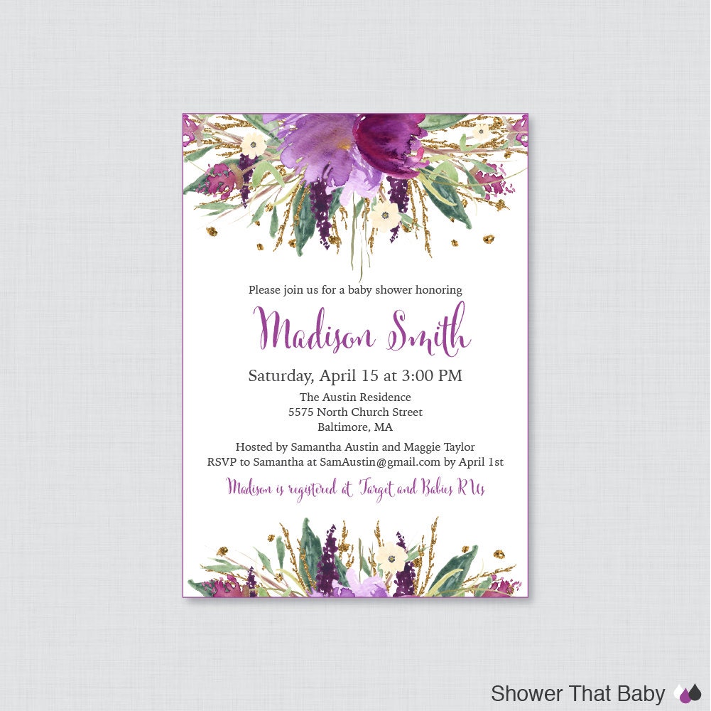 Purple Baby Shower Invitation Printable OR Printed Purple