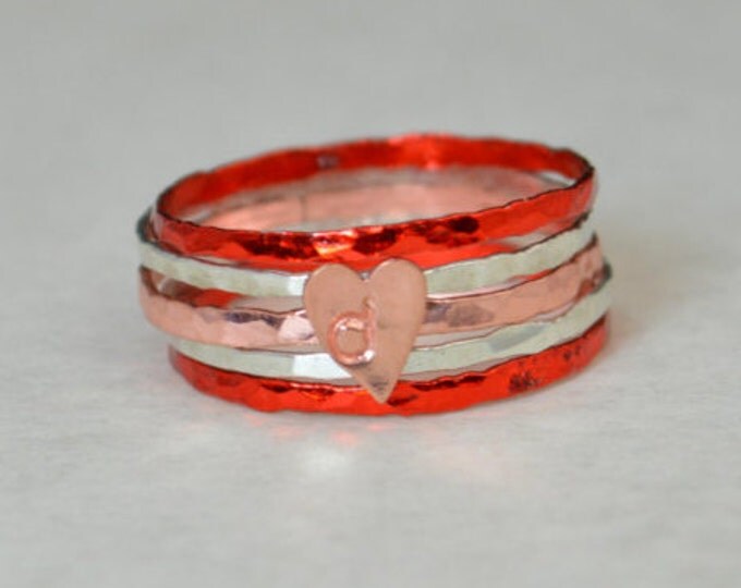 Heart Ring Set, Valentines Color Ring Set, Sterling Silver, Ceramic Color, Pink Rings, Stacking Ring Set, Red Rings, Dainty Rings, Heart