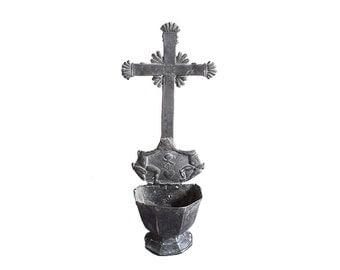 French Stoup, Auvergne Cantal Religious Art, Molded Pewter Tin Holy Water Font