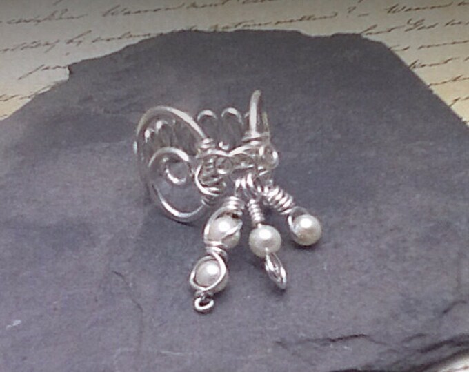 Sterling silver filled ring with wire wrapped pearl dangles