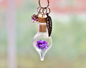 Amethyst Jewelry Purple Flower Terrarium Necklace Unique Birthday Gift February Birthstone Crystal Necklace Dried Flower Bottle Necklace
