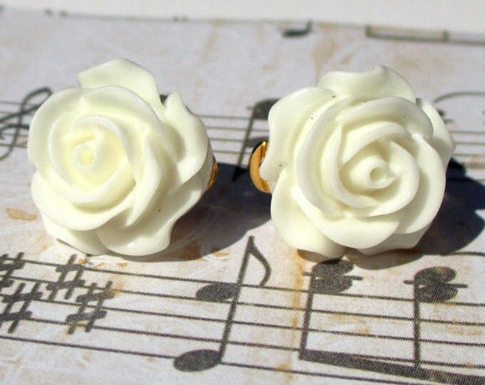 White rose clip on earrings-Flower girl gifts-white rose wedding accessories-rosette jewelry-Cream rose clip ons-nickel free-rose bud studs