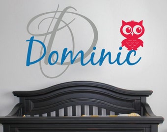 Cute Owl Monogram Baby Boy - Vinyl Wall Decal Sticker Nursery Kids Room Script Personalized Playroom Custom Wall Art Baby Shower Gift Sweet