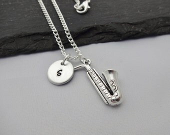 Saxophone Necklace, Initial Saxophone Necklace, Music Necklace, Initial Charm Necklace, Charm Necklace, Music Gift, Saxophone Gift, Musical