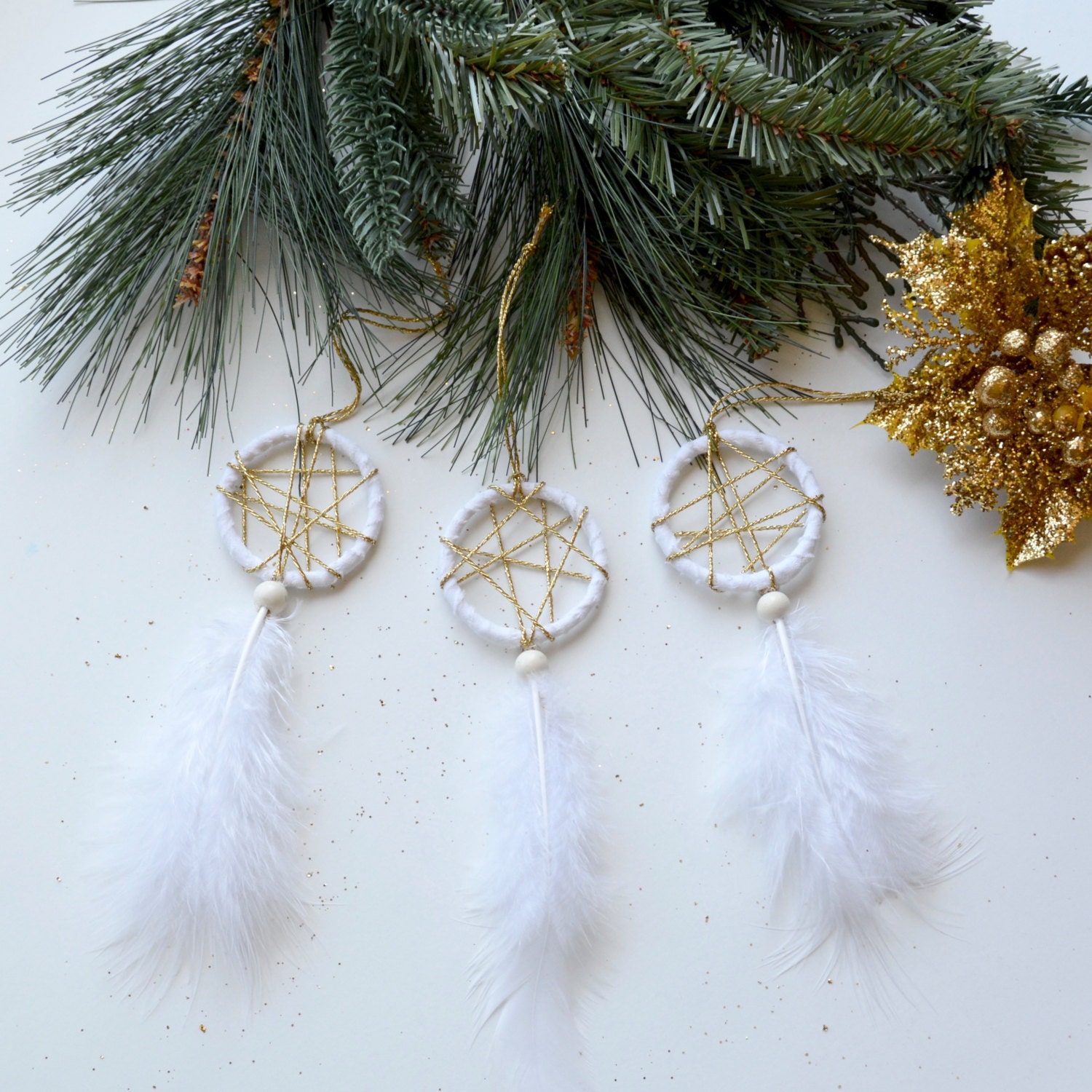 Gold Boho Dream Catcher Ornament Set Bohemian Christmas