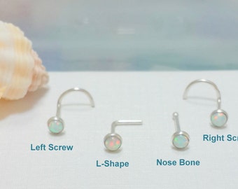 Nose screw, White Fire Opal Nose stud, Nose Bone, L- Shaped, 925 Sterling Silver Nose Stud, Right and Left Nostril, 16 - 22 Gauge