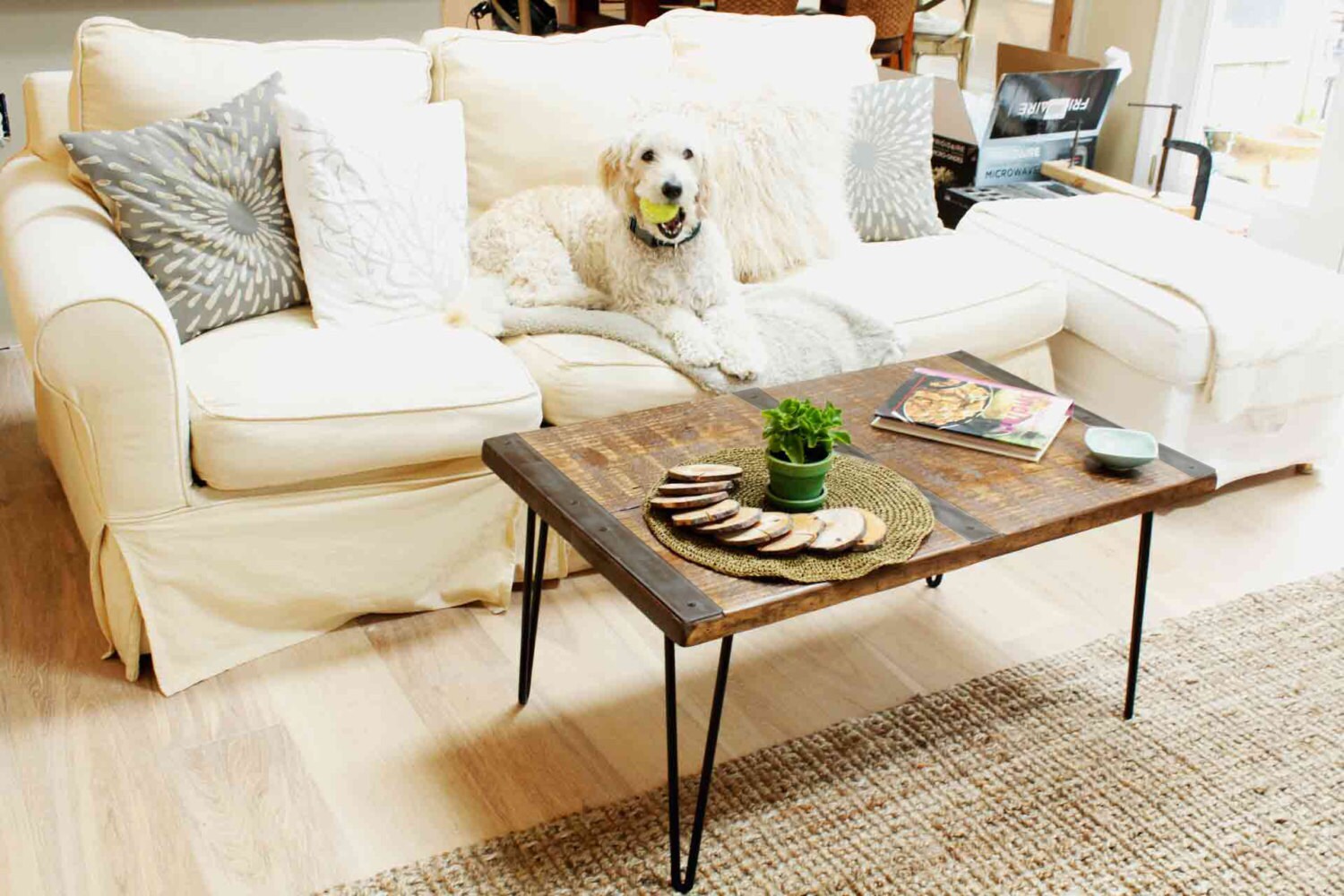 Reclaimed wood coffee table inlaid metal straps Industrial