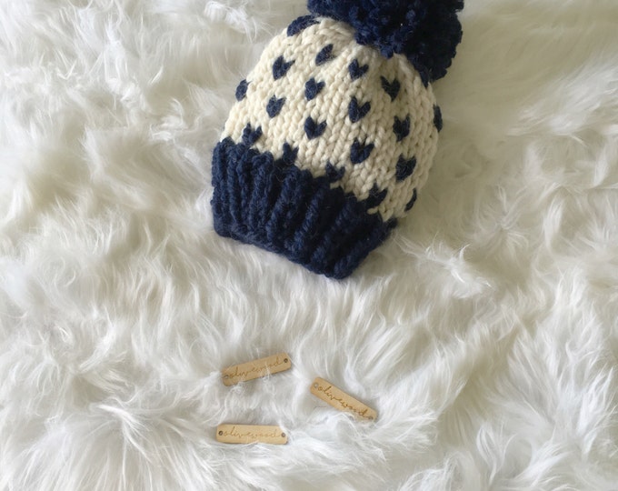 Newborn-toddler Fair Isle Knit Slouchy Baby Beanie Hat With Large Pompom//THE LITTLE TRAVELER//fisherman and Navy