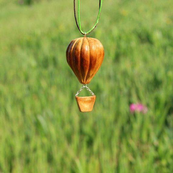 Hot Air Balloon Pendant, Avocado Seed, Original carved design, Silver 925, Natural art piece, Mother's day, Recycled, Ecological, Woodland