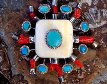 Huge Turquoise and Coral Pendant - Vintage Bone Jewelry - Branch Coral Necklace - Tribal Pendant - Indian Jewelry - 1970s WhistlingGypsyVTG