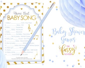 Name That Song Baby Shower Games, Baby Shower Game, Printable Game, Instant Download, Baby Shower, Printable Games, Blue and Gold