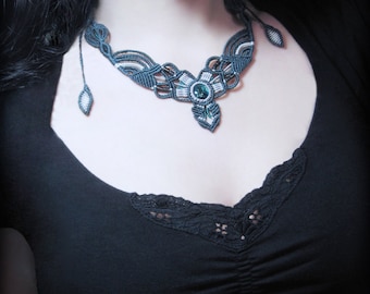 Blue macrame necklace, futuristic necklace, cabochon necklace, macrame jewelry, futuristic jewelry, gift woman, necklace spring summer.