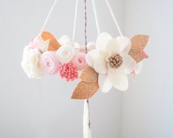 Gold Feather and Flower Baby Mobile - Felt Floral Crib Mobile: Southwest Charm (Tribal) Nursery Decor - Flower Chandelier - Customize Colors