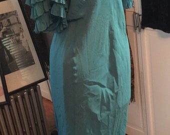 1930's Sheer bias cut aqua teal floor length evening gown with ruffled sleeves