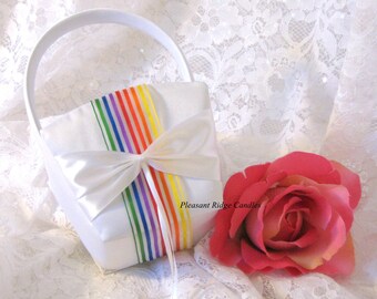 Rainbow Flower Girl Basket Satin Flower Girl Basket White Flower Girl Basket Ivory Flower Girl Basket Wedding Basket Ribbon Color Choice