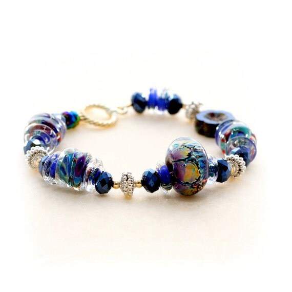 Midnight Blue Glass Bead Bracelet. Cobalt Blue Boro Beads.