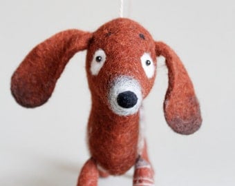 Soft Toy Dachshund - Napa, Felted Toy gift for kids Puppet handmade stuffed dog Marionette cute animals, snowflake embroidery. brown