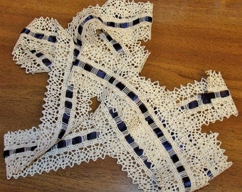 Yardage Vintage Circa 1950s Cluny Thread Lace, Machine Made Crochet Trim Cream Ecru Edging with Blue Ribbon, 2-1/2" W X approx 1 Yd + 30" L