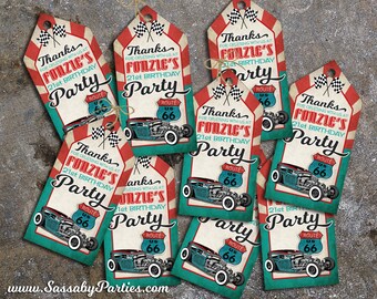 50s Garage Hot Rod Party Thank you Tags - INSTANT DOWNLOAD - DIY Editable & Printable Birthday Decorations by Sassaby Parties