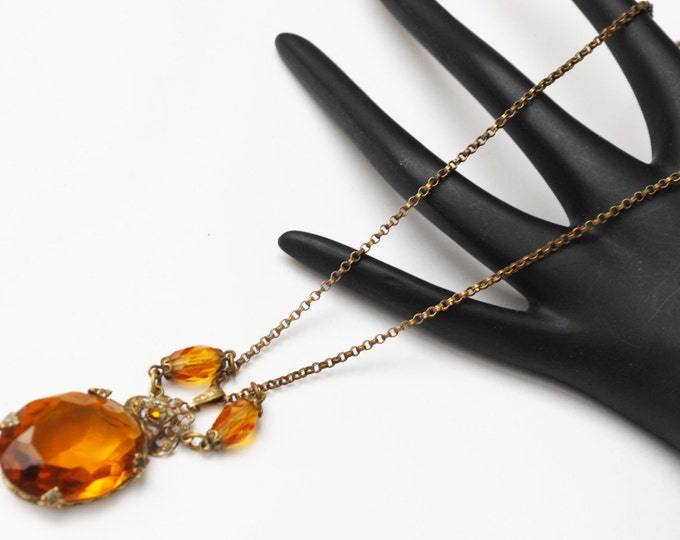 Art Deco necklace - Amber Glass Pendant - gold brass - yellow orange facet cut crystal bead