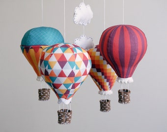Nursery decor DIY baby mobile kit hot air balloon - modern nursery decor, carnival, red, green