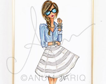 Fashion Illustration Print, Chambray and Stripes, 8x10"
