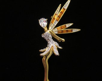 Vintage Butler Tinkerbell Fairy Faerie Gold Tone Metal Clear Amber Rhinestones Brooch Pin - Signed Butler, Figural Brooch Pin, AS IS