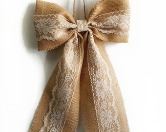 Pew Bows, Burlap and Lace Bow, Rustic Wedding Decor, Burlap Bow, Burlap and Lace Wedding Bows, Bridal Shower Decor, Home Decor