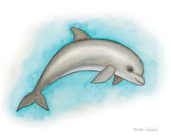 Dolphin art print, under the sea nursery, dolphin watercolor painting, nursery decor, dolphin wall art decor, florida dolphin watercolor art