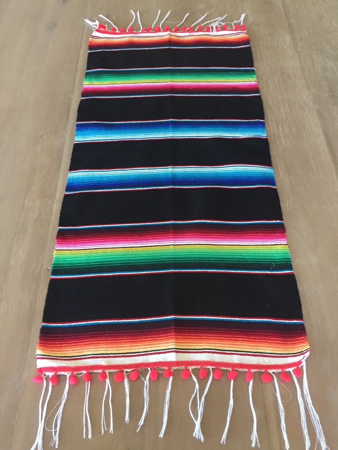 Mexican Serape table runner with Pom pom details