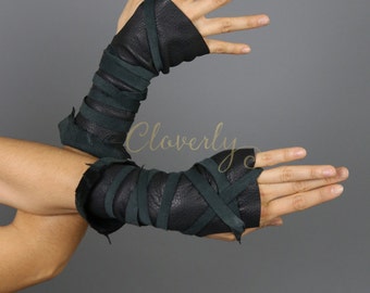 Black Fingerless Leather Gloves, Long / Wonder Woman Mad Max Barbarian Festival Tribal Costume Cosplay Post apocalyptic Warcraft Elf LARP