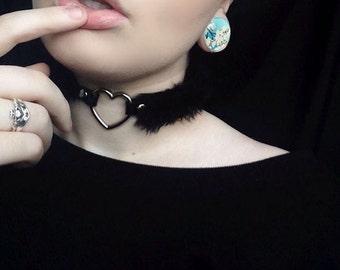 BDSM Collar Choker, Submissive Collar Heart Chocker, Goth Choker Necklace, Furry Chocker Collar, Pastel Goth Kink Black Fuzzy Choker