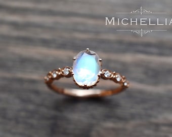 rose gold moonstone engagement ring with diamond 14k 18k solid gold rainbow moonstone crown promise - Moonstone Wedding Rings rose gold moonstone engagement ring with diamond 14k 18k solid gold rainbow moonstone crown promise - Moonstone Wedding Rings