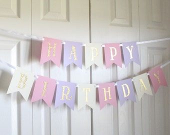 Gold, Pink, Purple, Ivory Happy Birthday Banner/ Girl Birthday/ Princess Party/ Party Decorations/ Custom Name/ Personalized Banner