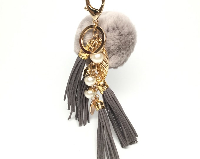 Genuine rex rabbit charm fur ball pom pom bag tassel keychain in grey with tassel elements charms pearl leaf heart