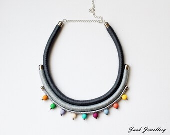 Statement rope necklace / bib necklace / color block / grey / silver / colorful / beads / gift for her / handmade