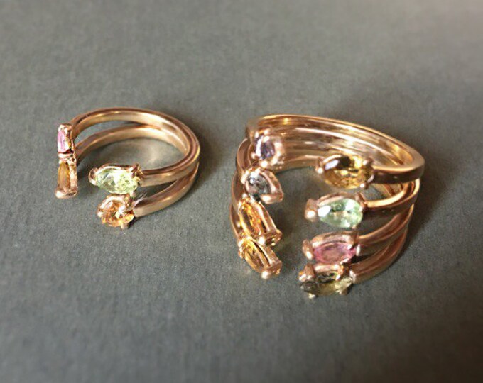 Tourmaline set rings - Gold ring - Silver ring - Green stone ring - Rose stone ring - Open form ring - Cuff ring - Gift for her