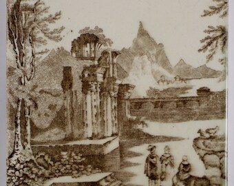 Antique 1890s English Victorian Wordsworth ruin & landscape tile