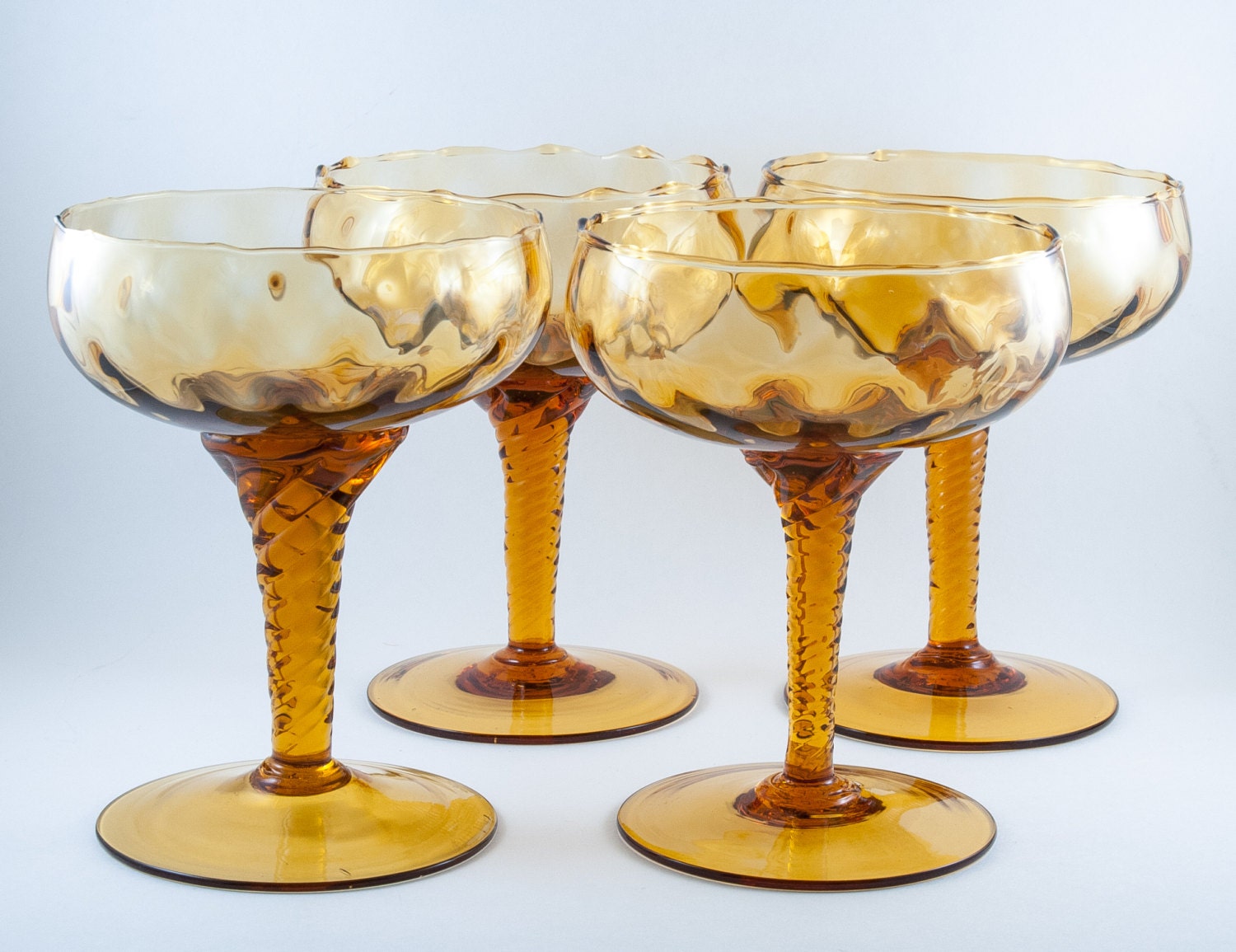 AMBER CHAMPAGNE GLASSES Empoli/Murano Twisted Stem Glasses.